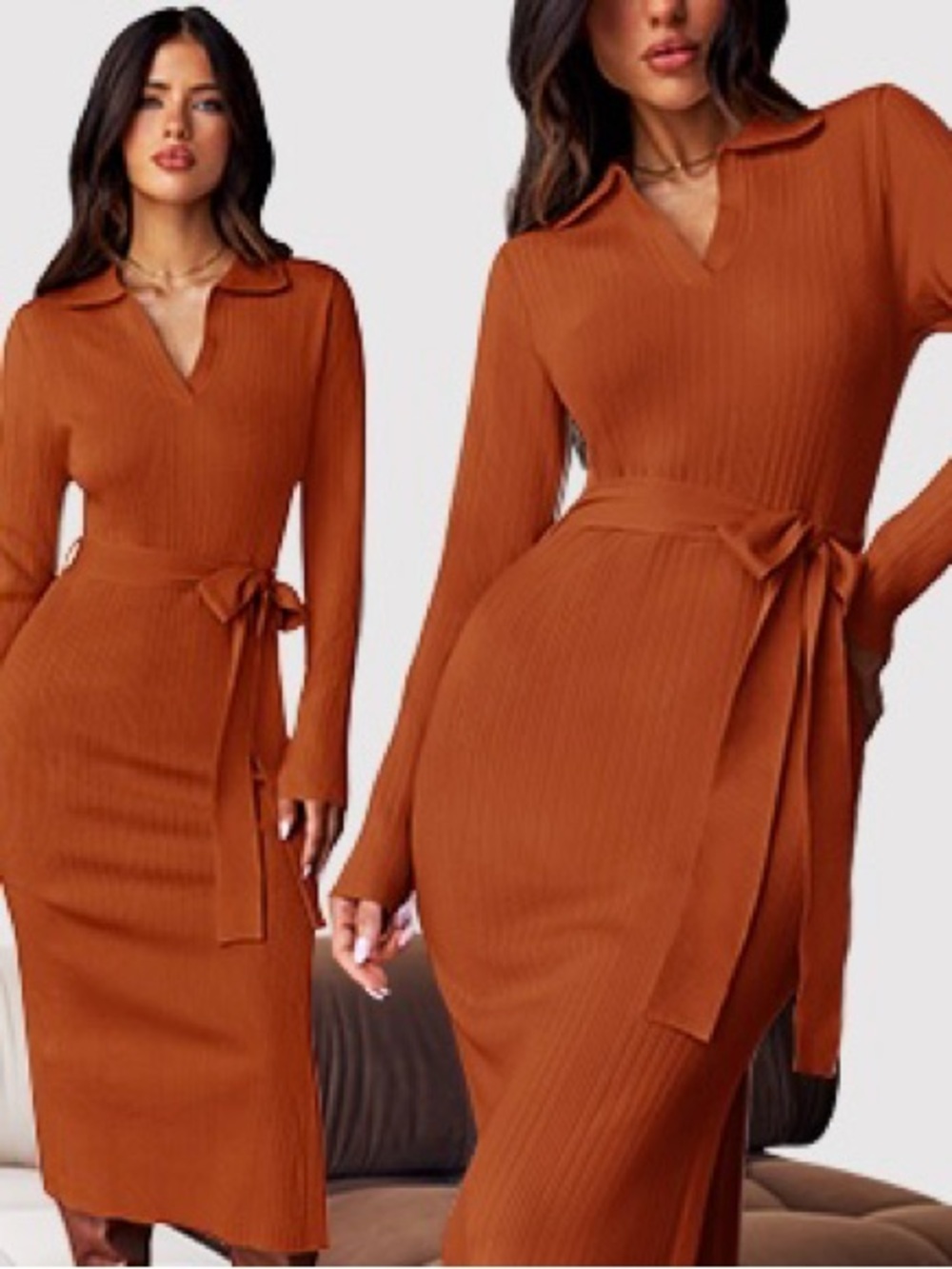 Almost Famous Ribbed Long Sleeve Midi Dress in Rust